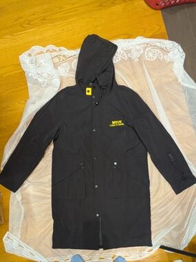stem Black Hooded Raincoat with Yellow Logo Accents
